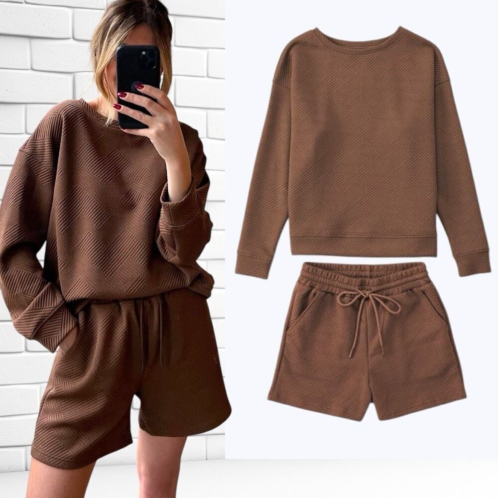 Boutique Brown Texture Long Sleeve Top and Shorts Lounge Set NWT - Picture 2 of 15